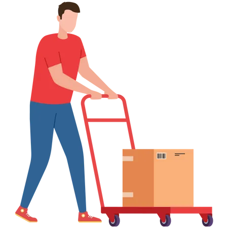 Delivery man pushing parcel trolley Illustration