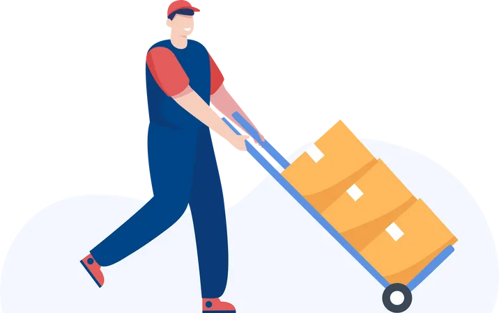 Delivery man pushing parcel trolley  Illustration