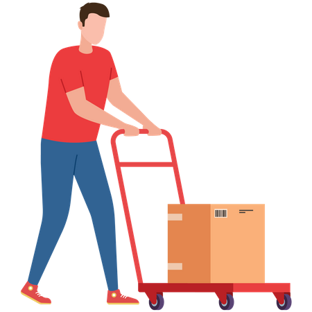 Delivery man pushing parcel trolley  Illustration