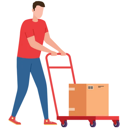 Delivery man pushing parcel trolley  Illustration