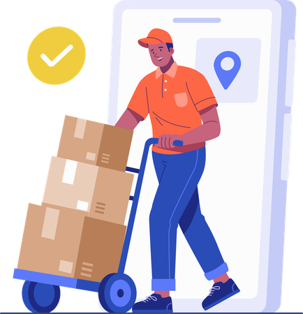 Delivery man pushing trolly full of boxes  Illustration
