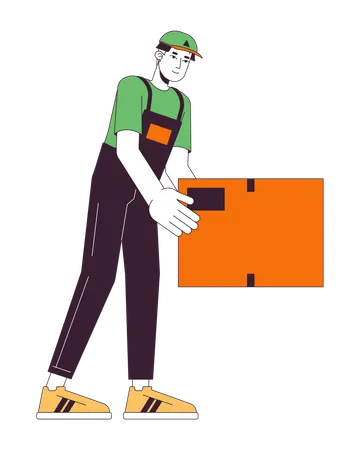 Young Adult Asian Delivery Man Putting Down Box 2 D Linear Cartoon Character Korean Guy Professional Mover Isolated Line Vector Person White Background Holding Parcel Color Flat Spot Illustration Illustration