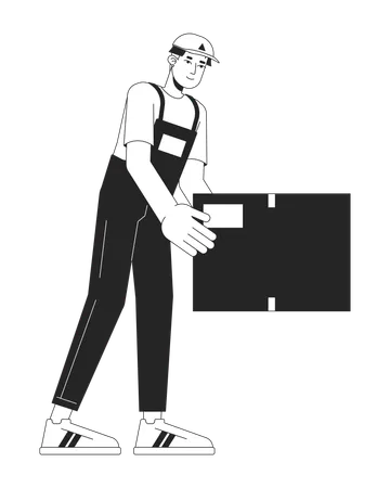 Young Asian Delivery Man Putting Down Box Black And White 2 D Line Cartoon Character Korean Guy Professional Mover Isolated Vector Outline Person Holding Parcel Monochromatic Flat Spot Illustration Illustration