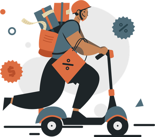Delivery man riding kick scooter  Illustration
