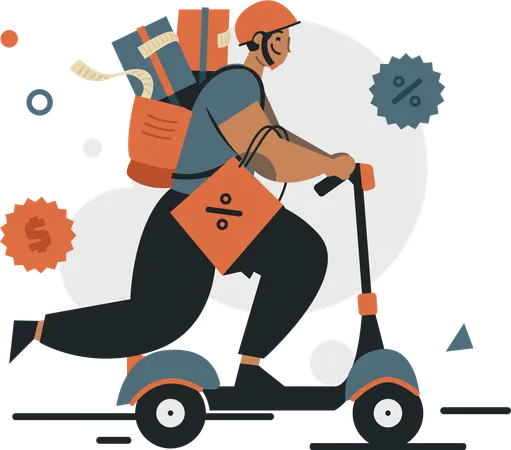Delivery man riding kick scooter  Illustration