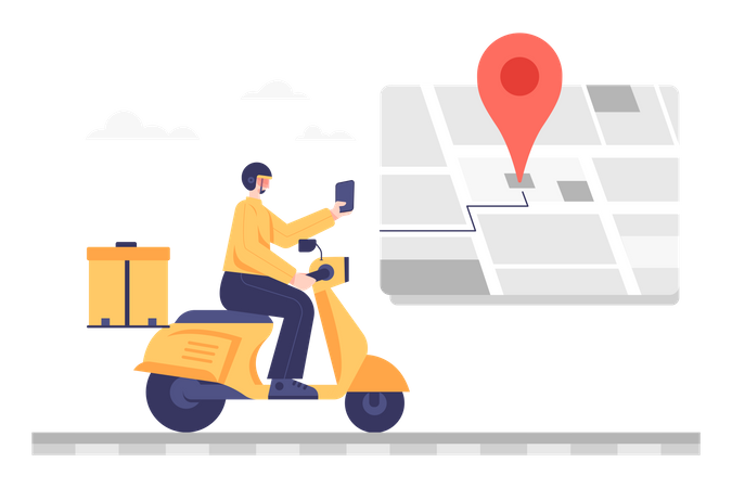 Delivery man riding motorcycle searching Delivery Location Illustration