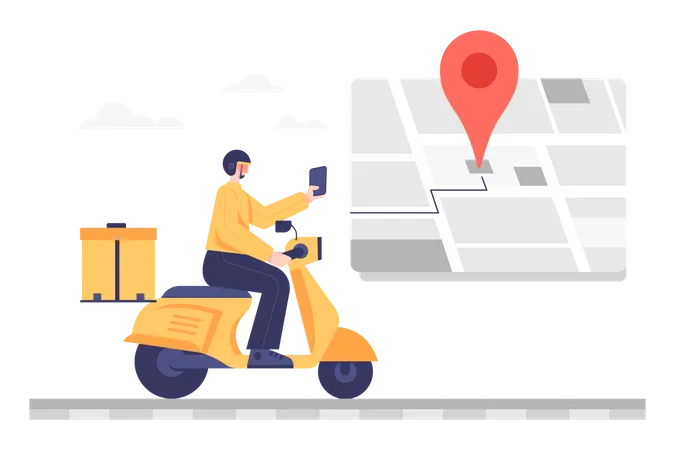 Delivery man riding motorcycle searching Delivery Location  Illustration