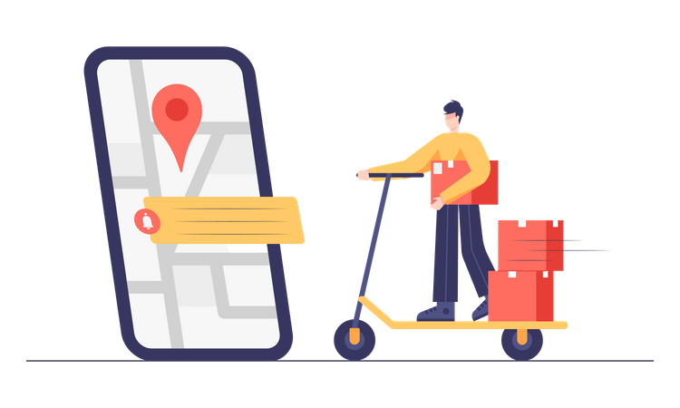 Delivery man riding scooter and searching address on application Illustration