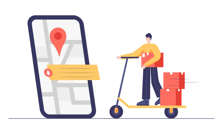 Delivery man riding scooter and searching address on application Illustration