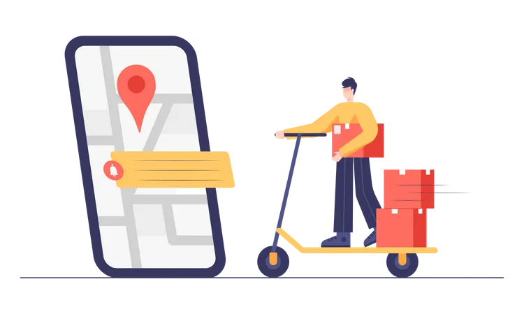 Delivery man riding scooter and searching address on application  Illustration