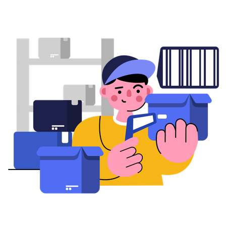 Delivery man scanning barcode of delivery box  Illustration