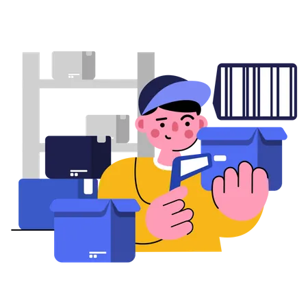 Delivery man scanning barcode of delivery box  Illustration