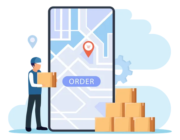 Online Delivery Service Concept Showing A Delivery Man Sending Package To Customer Flat Vector Template Style Suitable For Web Landing Pages イラスト
