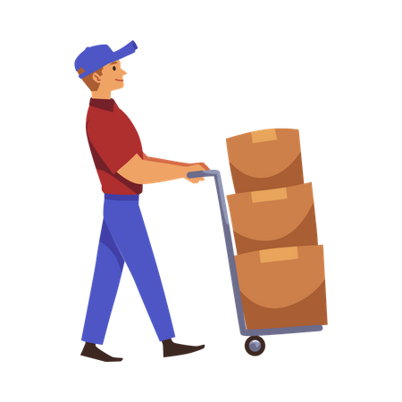 Delivery man transports boxes on trolley Illustration