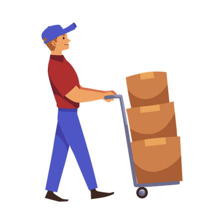 Delivery man transports boxes on trolley  Illustration