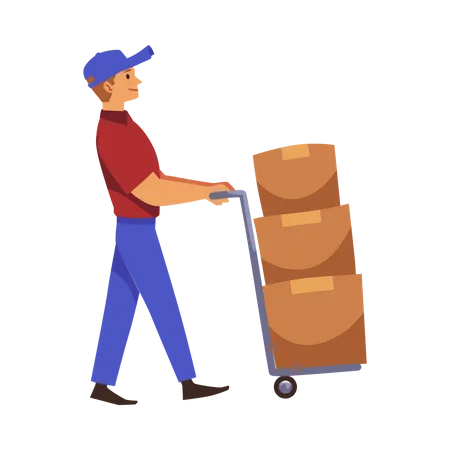 Delivery man transports boxes on trolley  Illustration