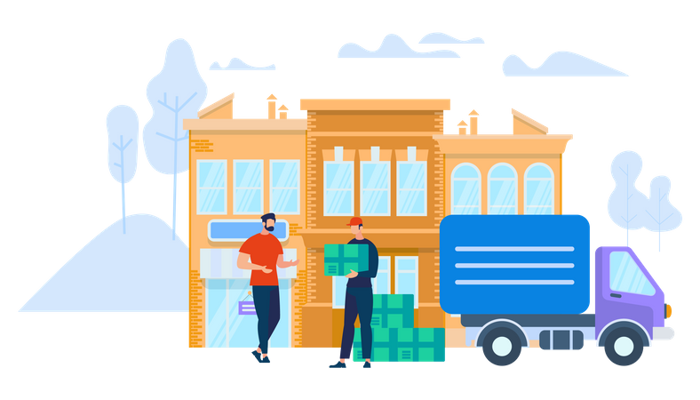 Delivery man with boxes visiting delivery address  Illustration