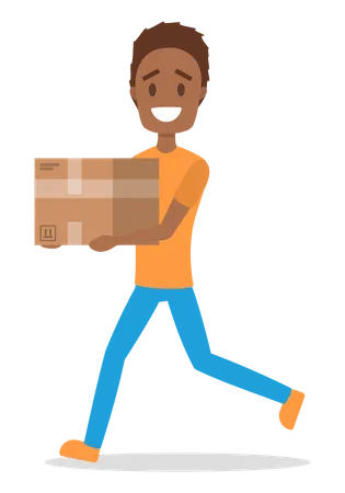 Delivery Man Courier In Orange And Blue Uniform Holding Box Character In A Cap Delivery Service Vector Illustration In Cartoon Style Illustration