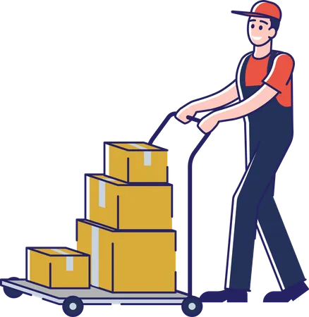 Delivery man with parcel boxes on trolley  Illustration