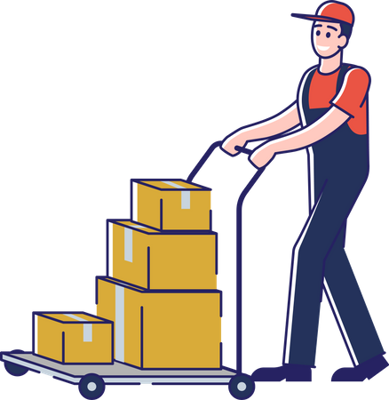 Delivery man with parcel boxes on trolley  Illustration