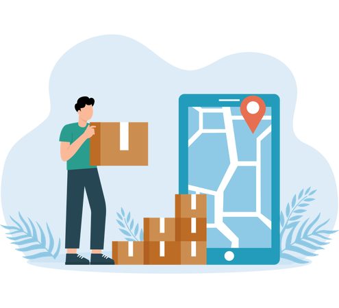 Delivery Map followed by delivery man  Illustration