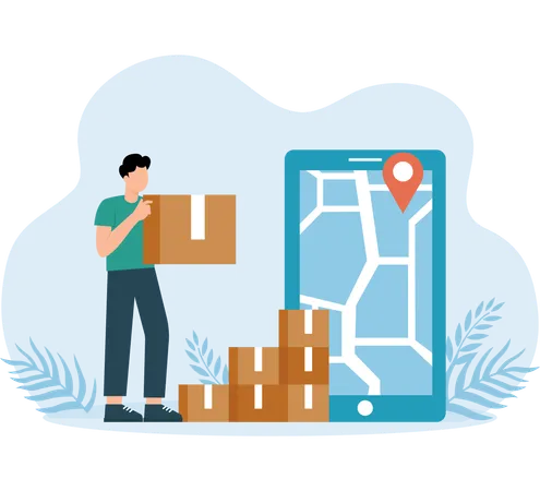 Delivery Map followed by delivery man  Illustration