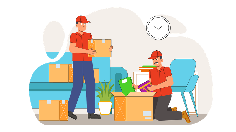 Delivery men unboxing all delivery items at new home  Illustration