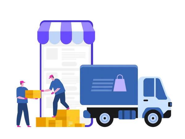 Delivery Service Concept Truck With Boxes And Delivery Workers Or Courier Delivery Of Goods Through Online Shop Flat Style Vector Illustration Illustration