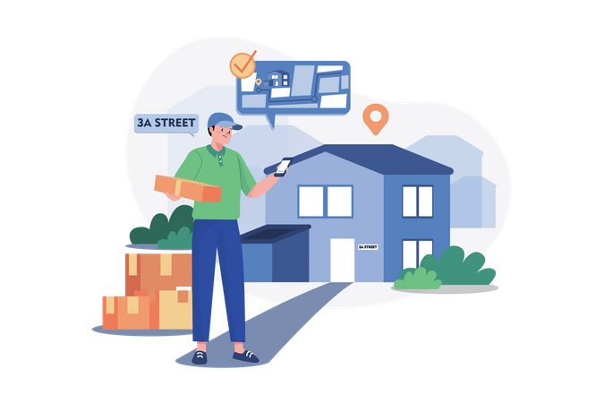 Delivery person checking delivery address location  Illustration