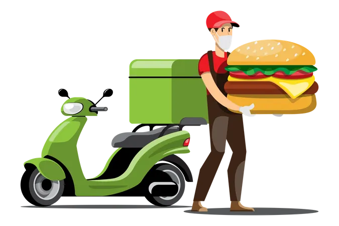 Delivery person holding burger Illustration