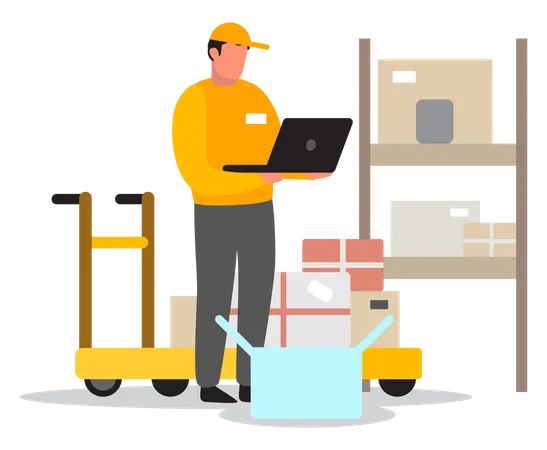 Delivery Or Warehouse Man Courier In Uniform Using Laptop Character In A Cap Delivery Service Vector Illustration In Cartoon Style Illustration