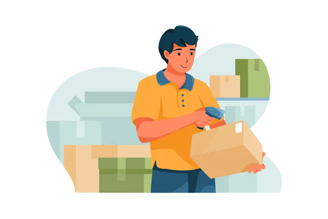 Delivery Person is scanning a box barcode  Illustration