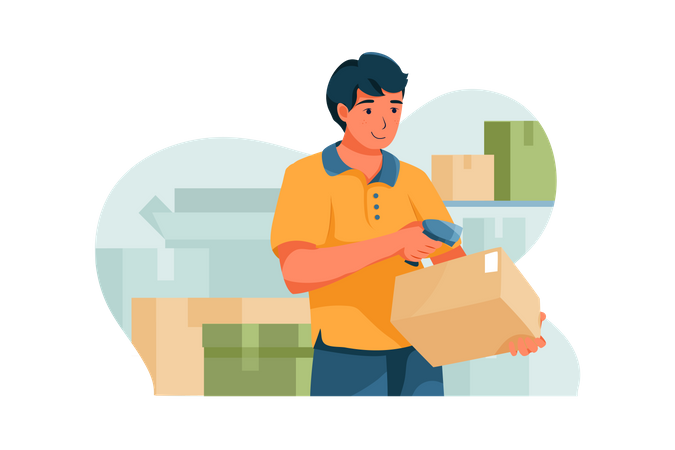 Delivery Person is scanning a box barcode  Illustration