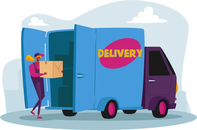 Delivery person loading parcels in truck  Illustration