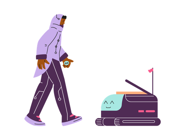 Delivery robot delivering food to man dressed in futuristic clothes  Illustration