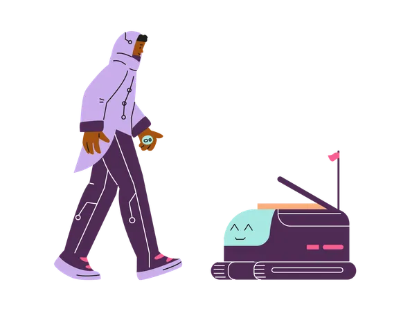 Delivery robot delivering food to man dressed in futuristic clothes  Illustration