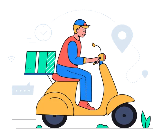 Parcel Delivery Service Modern Flat Design Style Illustration With Line Elements Online Shopping Transportation And Logistics Idea A Composition With A Worker Riding A Scooter With A Cardboard Illustration