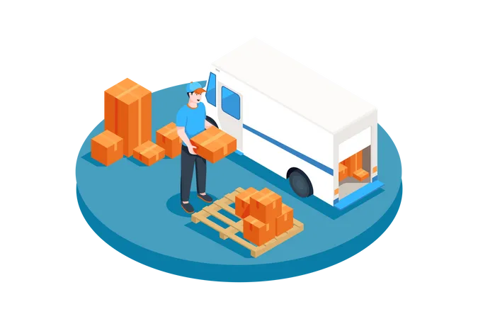 Delivery service man loading parcel boxes in truck Illustration