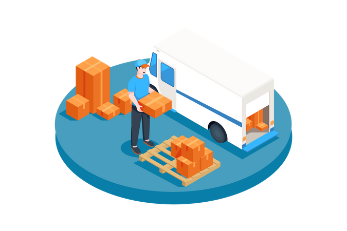 Delivery service man loading parcel boxes in truck  Illustration