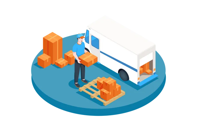 Delivery service man loading parcel boxes in truck  Illustration