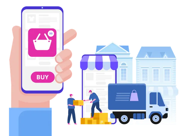 Delivery Service Concept Truck With Boxes And Delivery Workers Or Courier Delivery Of Goods Through Online Shop Flat Style Vector Illustration Illustration
