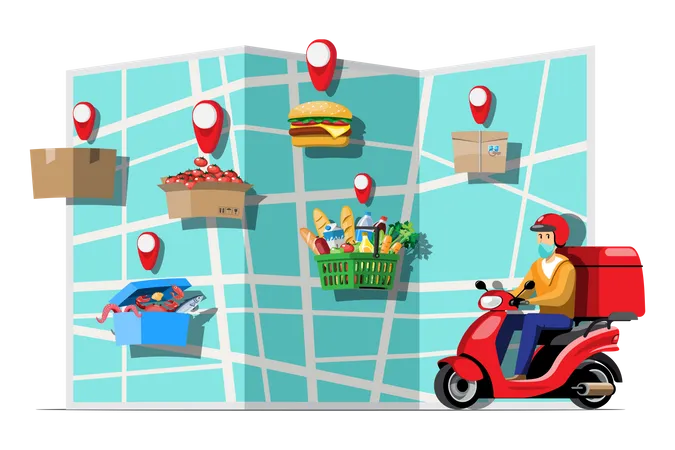 Big Isolated Motorcycle Vector Colorful Icons Flat Illustrations Of Delivery By Motorcycles Through GPS Tracking Location Delivery Bike Food Delivery Instant Delivery Online Delivery イラスト