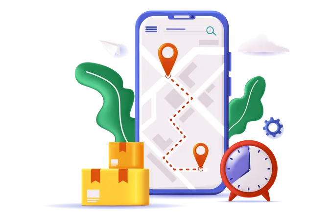 Delivery Tracking Concept 3 D Illustration Icon Composition With Mobile App Interface With Pins At Map Route Parcels Boxes And Clock Fast Shipping Service Vector Illustration For Modern Web Design Illustration