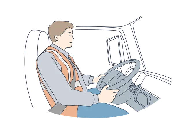 Delivery Driving Concept Young Man Or Boy Car Driver Cartoon Character Truck Driver Sitting In Cabin Of Vehicle Looks On Road Delivering Services Transportation And Trucking Industry Illustration Illustration