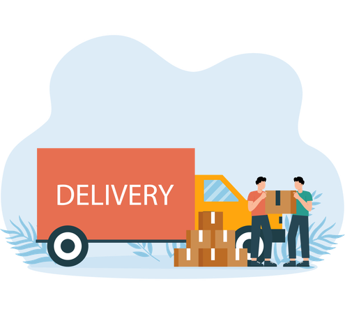 Delivery truck shipping packages at customer's address  Illustration