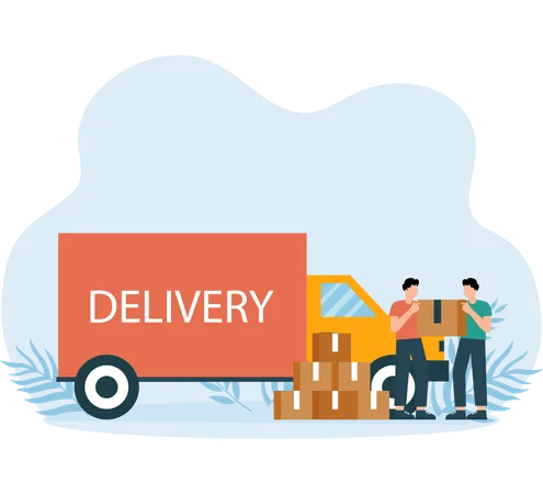 Delivery truck shipping packages at customer's address  Illustration