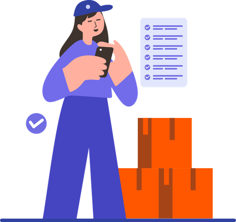 Delivery woman checking up Delivery App  Illustration