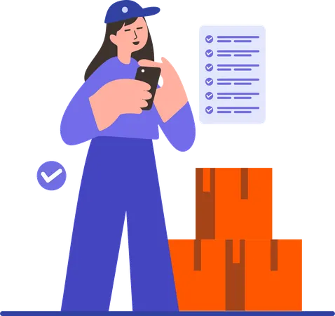 Delivery woman checking up Delivery App  Illustration