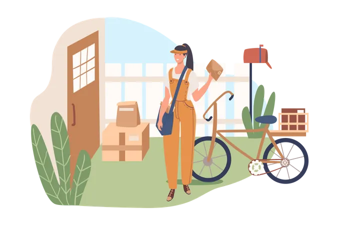 Delivery Service Web Concept Woman Works As Courier And Delivers Letters And Parcels To Client At Home Postal Service Worker People Scenes Template Vector Illustration Of Characters In Flat Design Illustration
