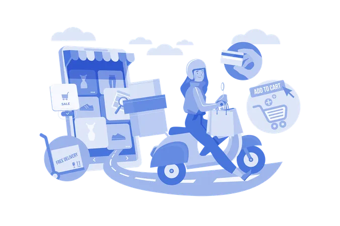 Delivery Woman Delivers Online Order  Illustration